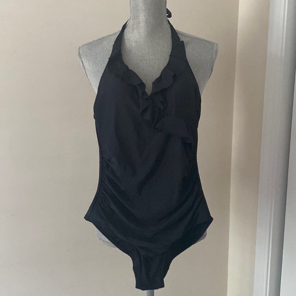 Boden Halter Ruffle V-Neck Ruched Slimming One Piece Swimsuit Black Small 4